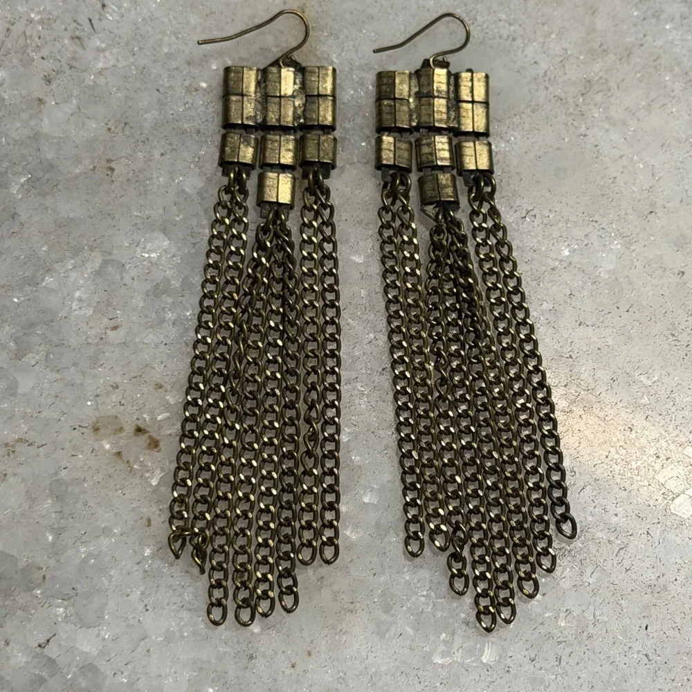 Brass Tone Chain Fringe Tassel Earrings Grunge Art Deco Long Boho Punk Y2K Edgy